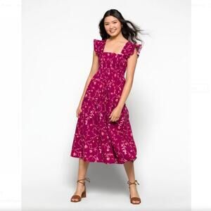 NWOT HILL HOUSE Dress M”Ellie Nap”Floral Berry-Pink Fit&Flare Smoked Ruffle Tier